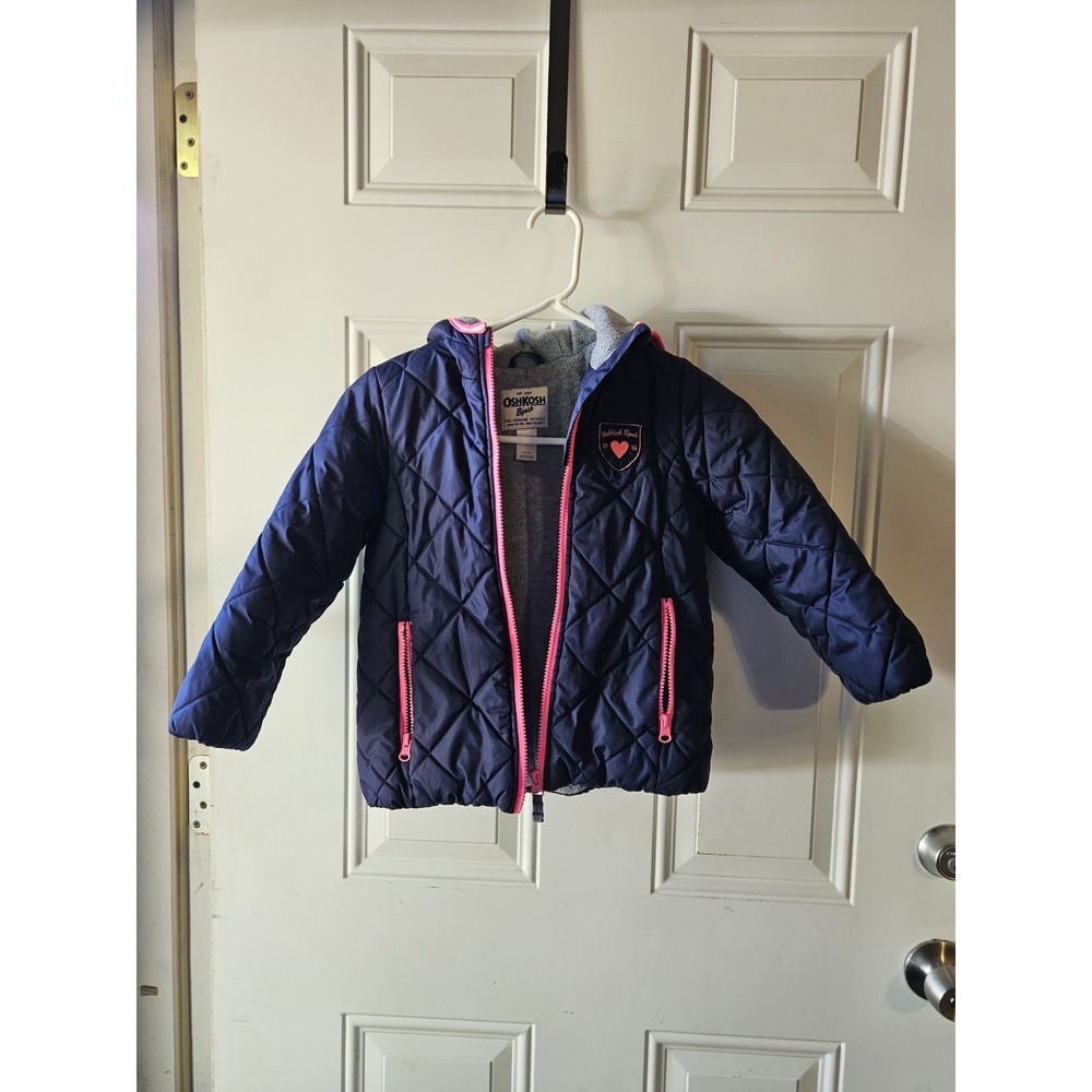OshKosh B'gosh Girls Jacket Size 5/6 Navy Pink Quilted Puffer Coat Full Zip Warm